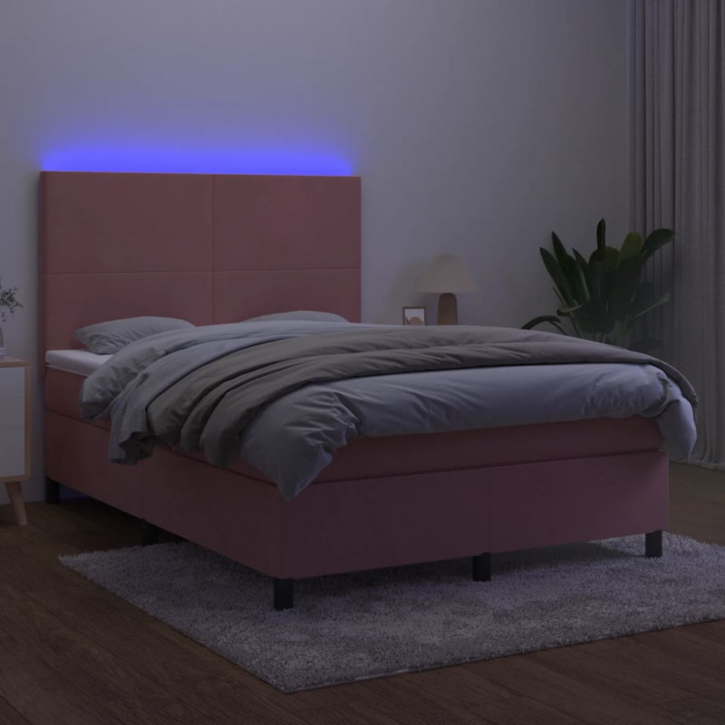 Łóżko kontynentalne z materacem i LED, różowy aksamit 140x200cm