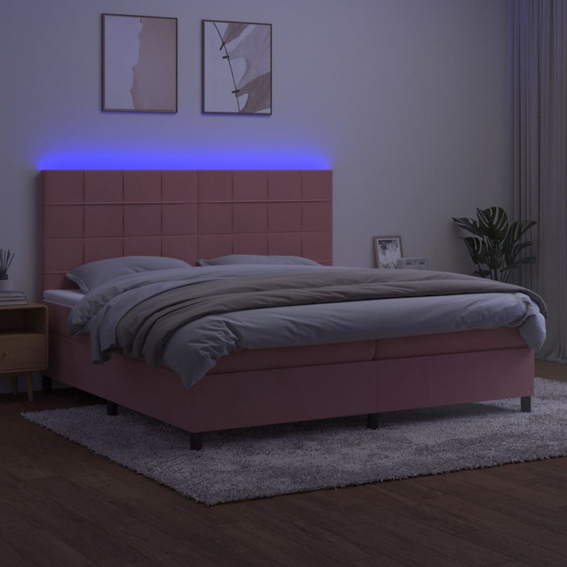 Łóżko kontynentalne z materacem i LED, różowy aksamit 200x200cm