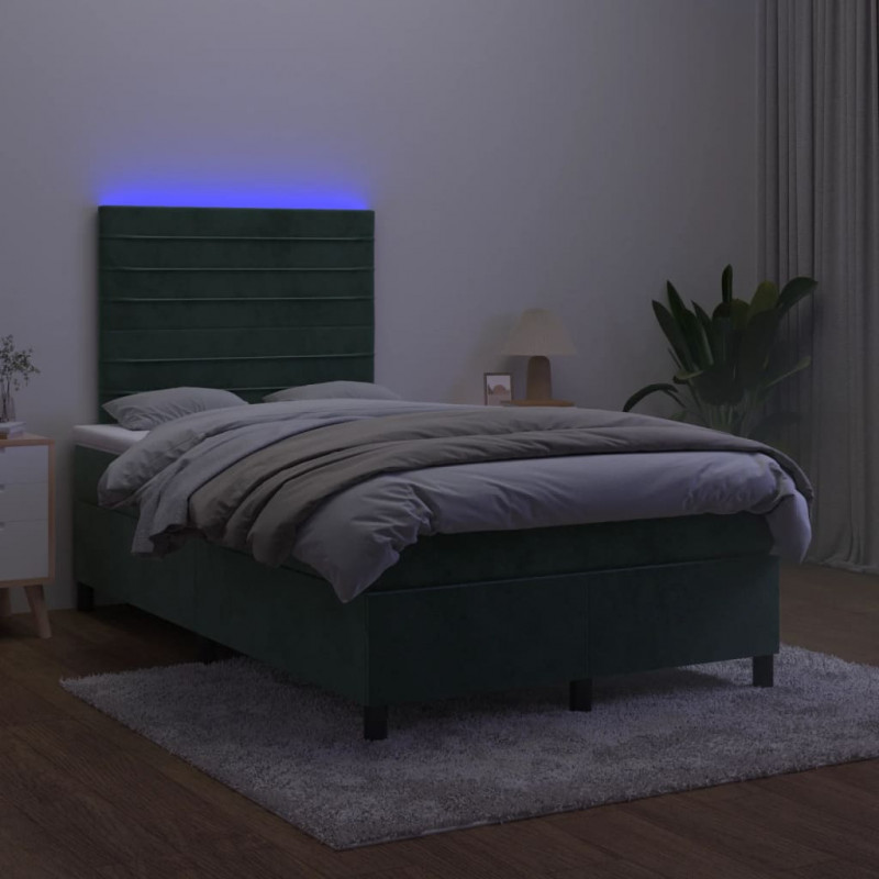 Łóżko kontynentalne z materacem i LED zielony aksamit 120x200cm