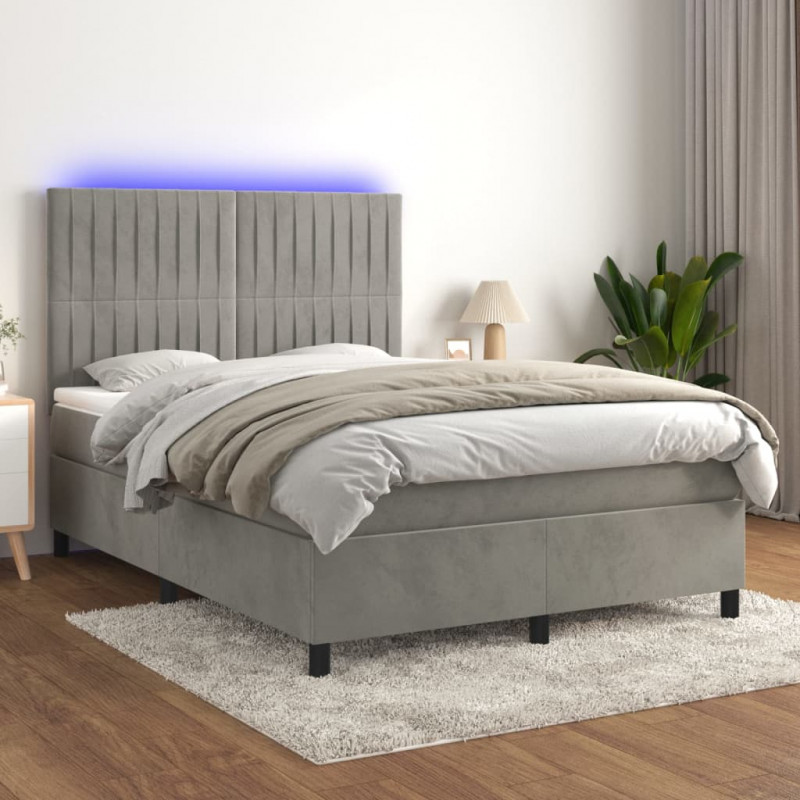 Łóżko kontynentalne z materacem i LED, szare 140x200cm, aksamit