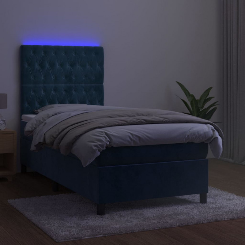 Łóżko kontynentalne, materac i LED, niebieski aksamit 90x190 cm