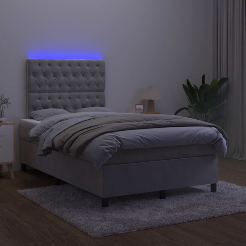 Łóżko kontynentalne z materacem i LED, szare 120x200cm, aksamit