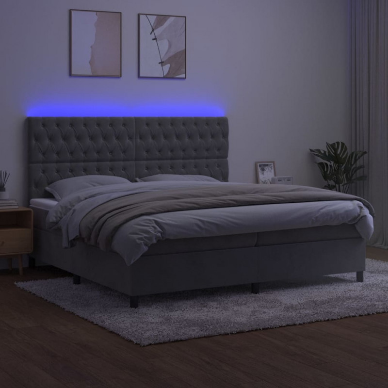 Łóżko kontynentalne z materacem i LED, szare 200x200cm, aksamit