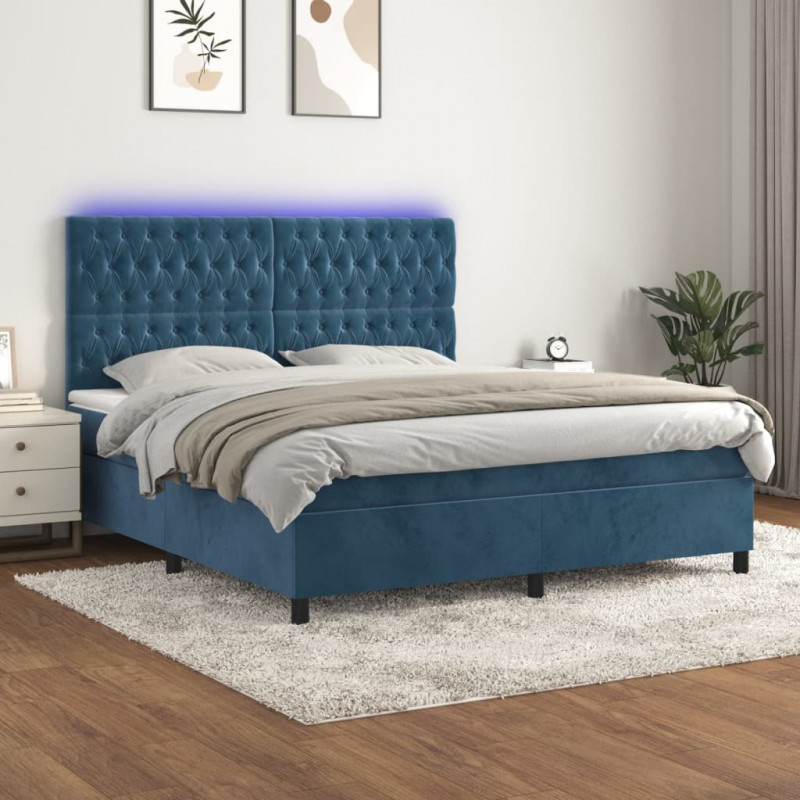 Łóżko kontynentalne, materac i LED, niebieski aksamit 180x200cm