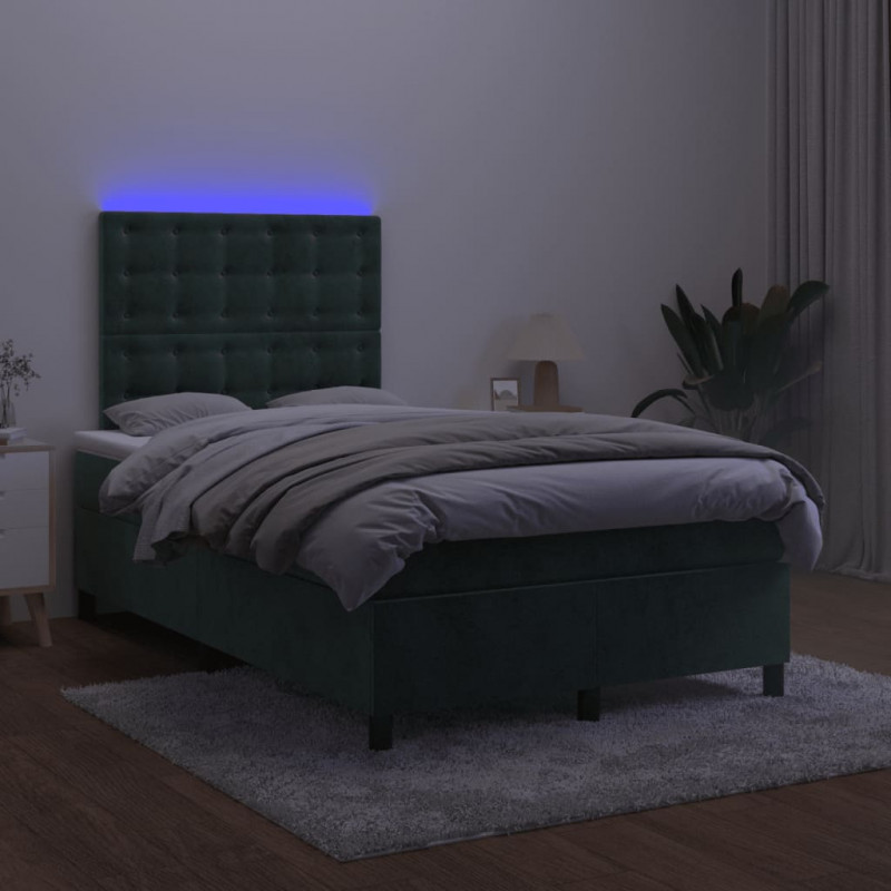 Łóżko kontynentalne z materacem i LED zielony aksamit 120x200cm