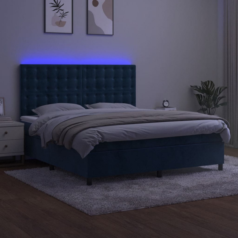 Łóżko kontynentalne, materac i LED, niebieski aksamit 160x200cm
