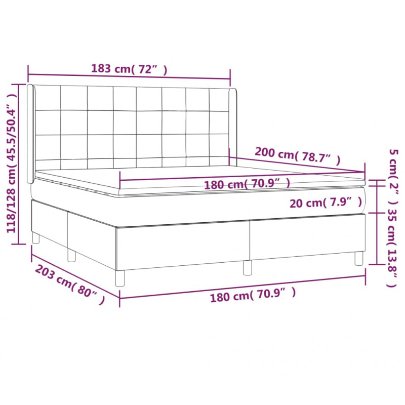Łóżko kontynentalne z materacem i LED, szare 180x200cm, aksamit