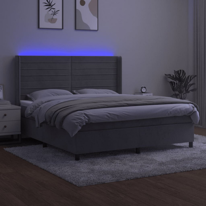 Łóżko kontynentalne z materacem i LED, szare 160x200cm, aksamit