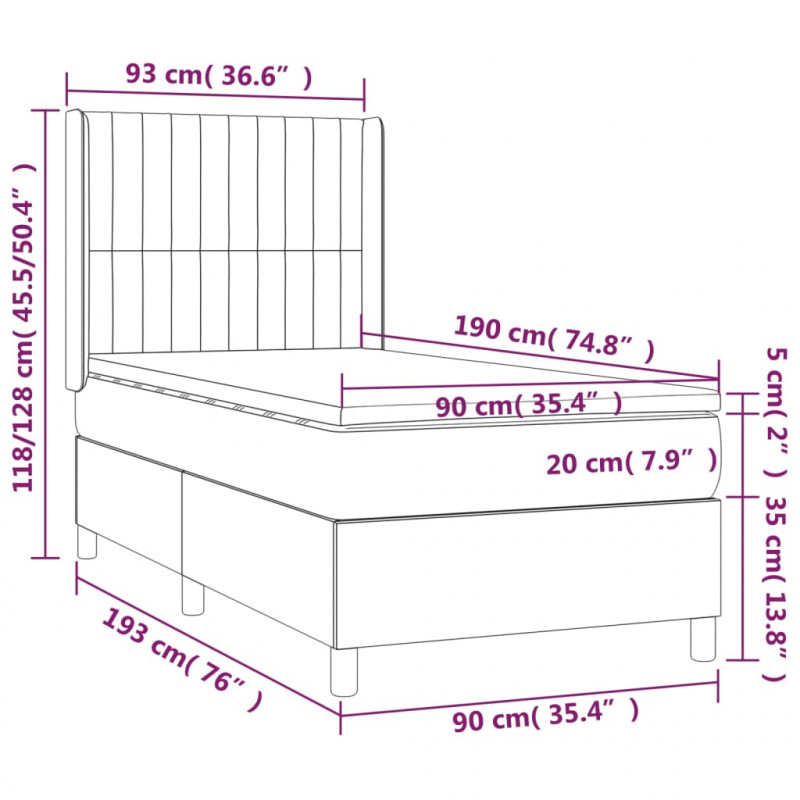 Łóżko kontynentalne, materac i LED, niebieski aksamit 90x190 cm