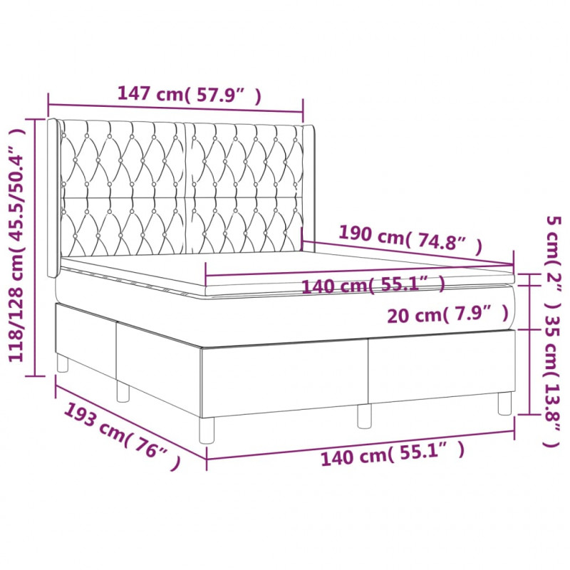 Łóżko kontynentalne, materac i LED, niebieski aksamit 140x190cm