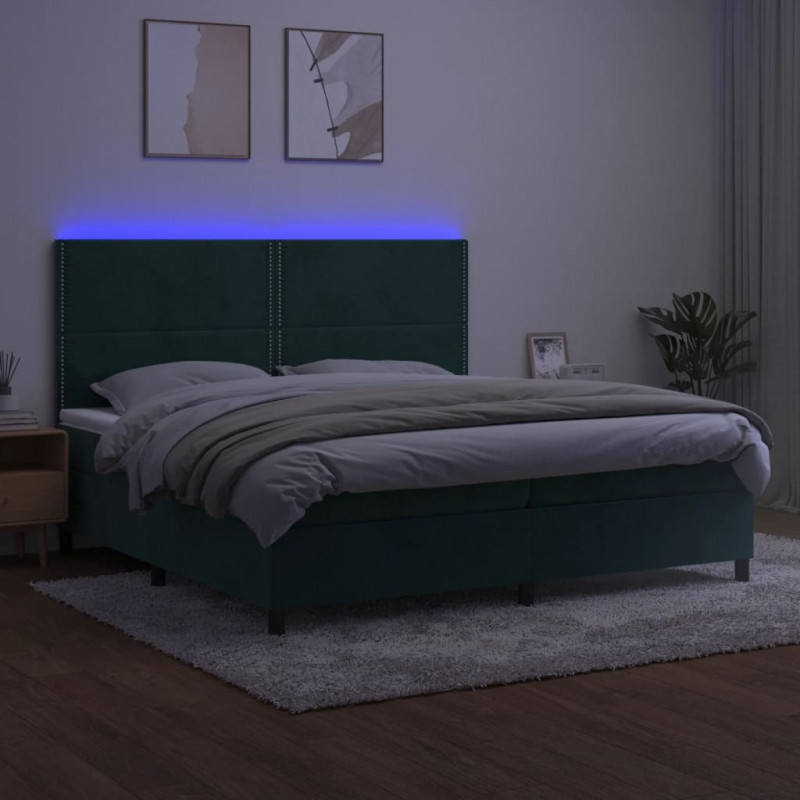 Łóżko kontynentalne z materacem i LED zielony aksamit 200x200cm