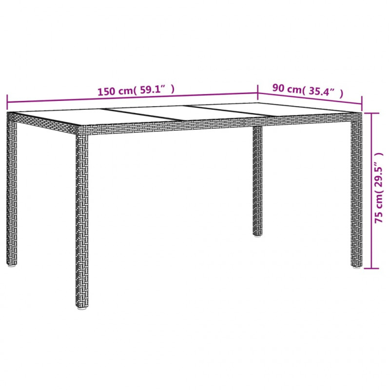 Stół ogrodowy, 150x90x75 cm, szkło i rattan PE, brązowy