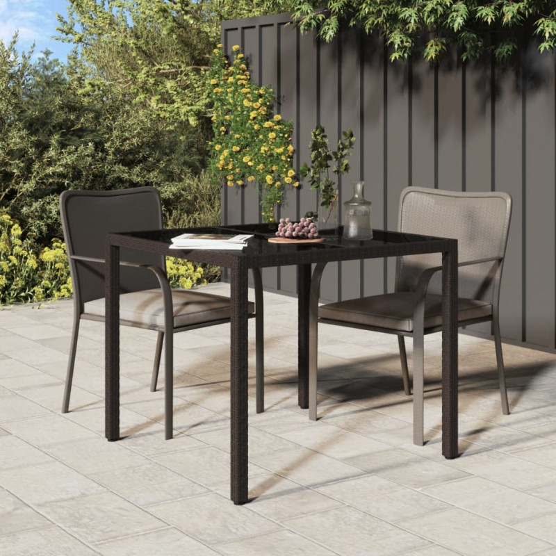 Stół ogrodowy, 90x90x75 cm, szkło i rattan PE, brązowy