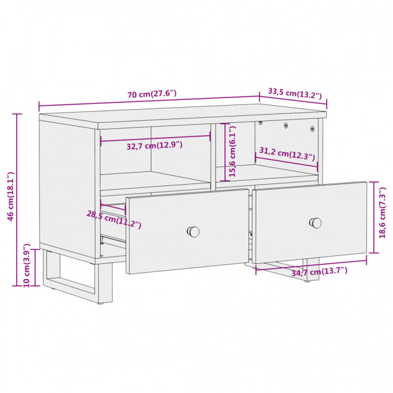 Szafka pod TV, brązowo-czarna 70x33,5x46 cm, lite drewno mango