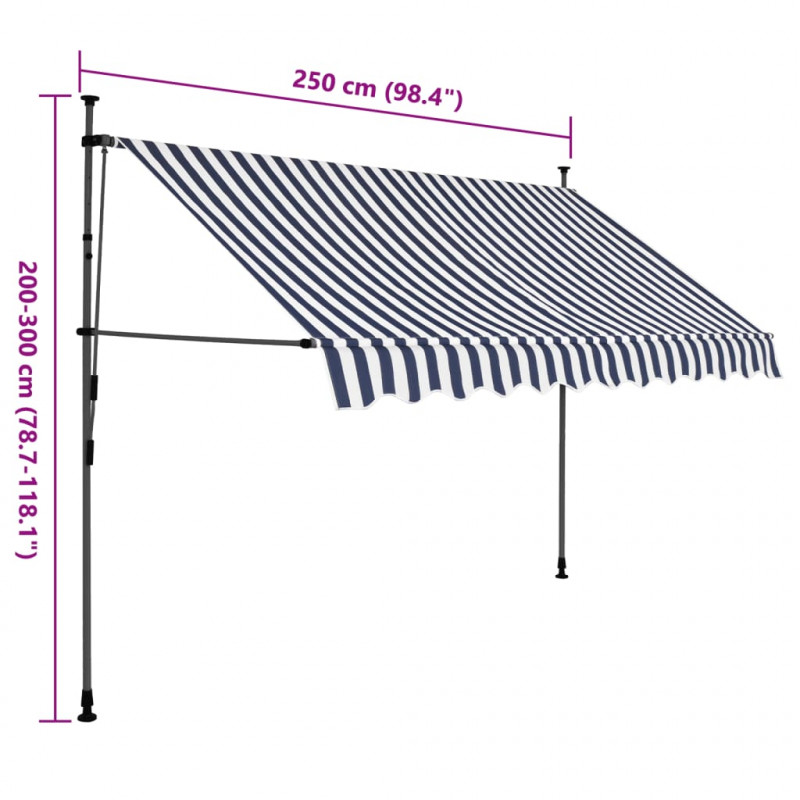 Ręcznie zwijana markiza z LED, 250 cm, niebiesko-biała