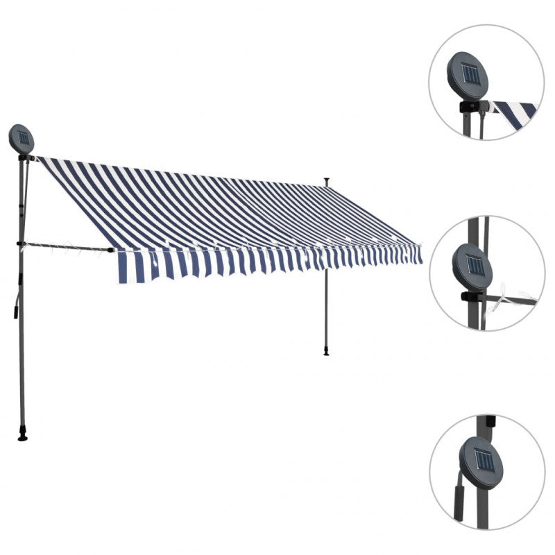 Ręcznie zwijana markiza z LED, 350 cm, niebiesko-biała