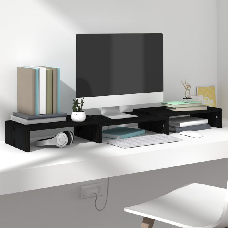 Podstawka na monitor, czarna 80x24x10,5 cm, lite drewno sosnowe