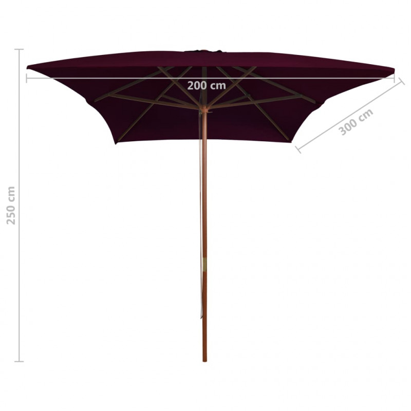 Parasol ogrodowy na drewnianym słupku, bordowy, 200x300 cm