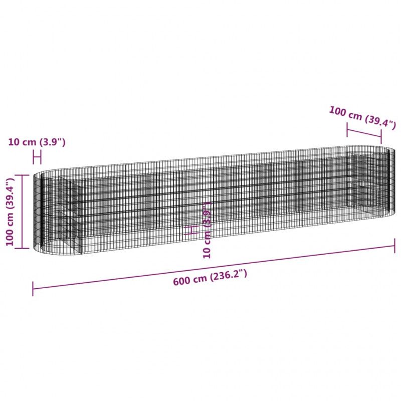 Podwyższona donica gabionowa galwanizowane żelazo 600x100x100cm