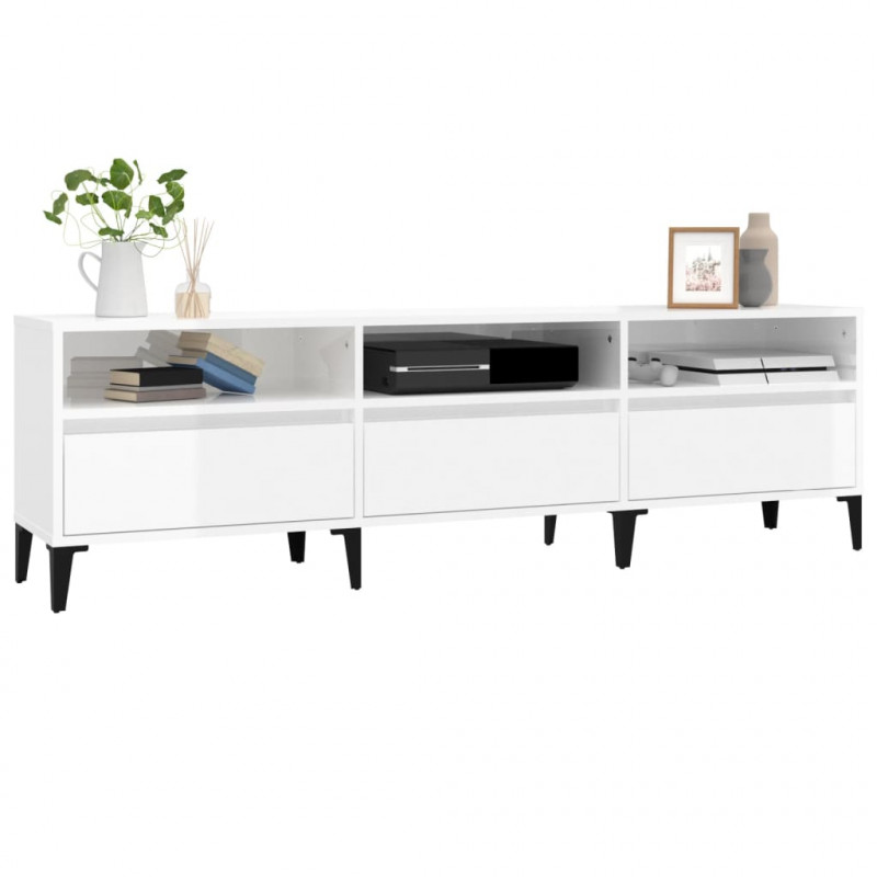 Szafka pod TV, wysoki połysk, biała, 150x30x44,5 cm