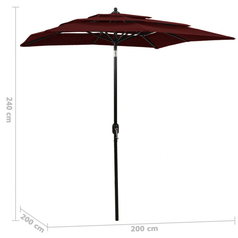 3-poziomowy parasol na aluminiowym słupku, bordowy, 2x2 m