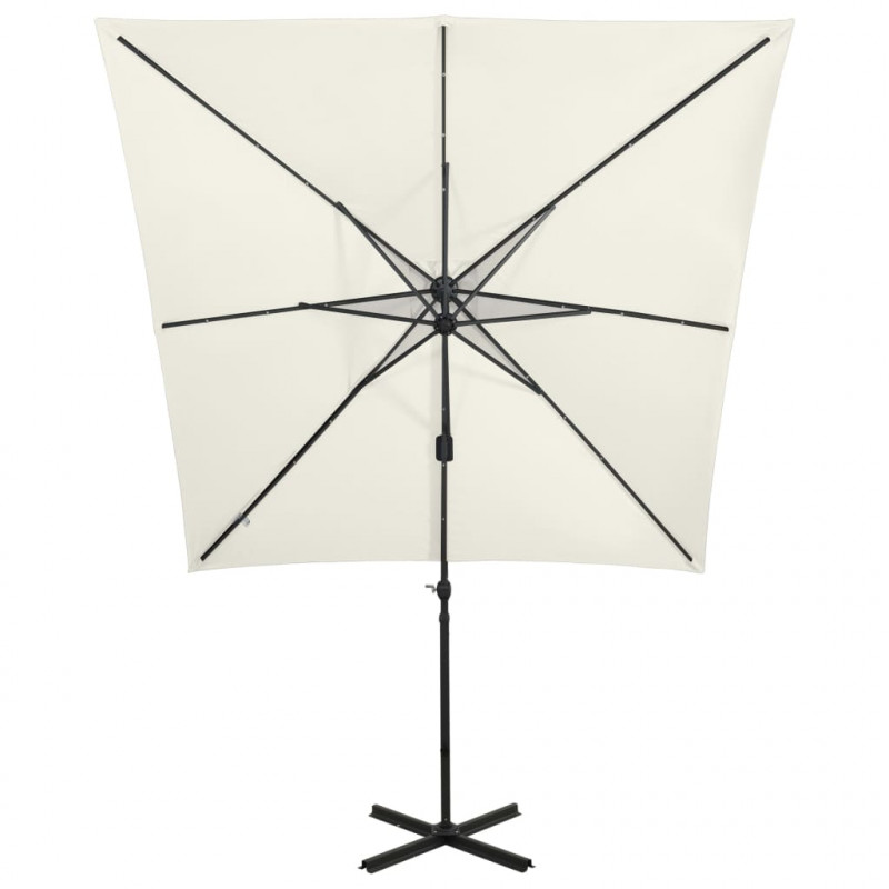 Parasol wiszący z lampkami LED i słupkiem, 250 cm, piaskowy