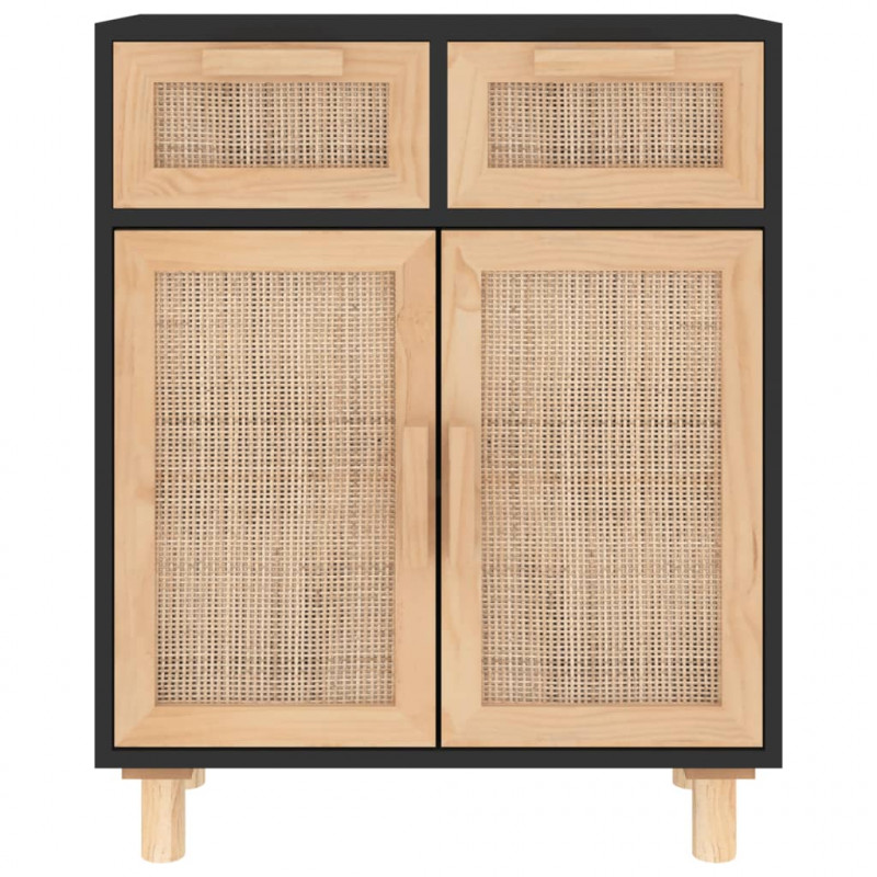 Komoda, czarna, 60x30x75 cm, lita sosna i naturalny rattan