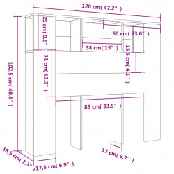 Wezgłowie łóżka z półkami, szary dąb sonoma, 120x18,5x102,5 cm