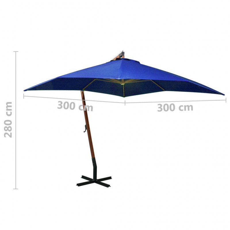 Parasol ogrodowy wiszący, jodłowy słupek, niebieski, 3x3 m