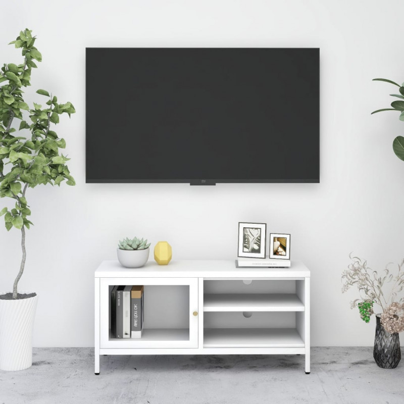 Szafka pod telewizor, biała, 90x30x44 cm, stal i szkło