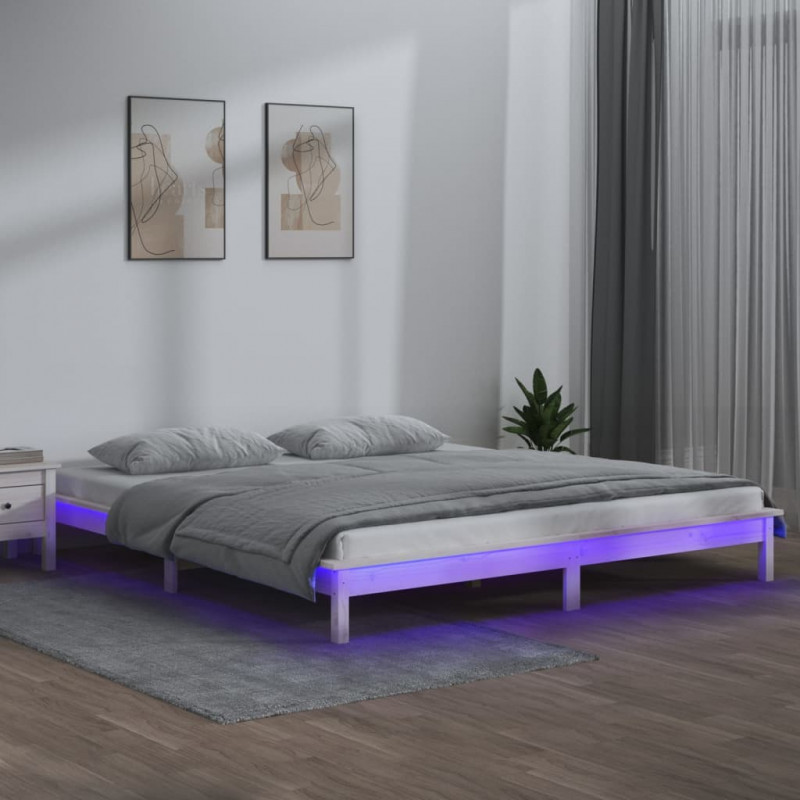 Rama łóżka z LED, biała, 140x190 cm, lite drewno