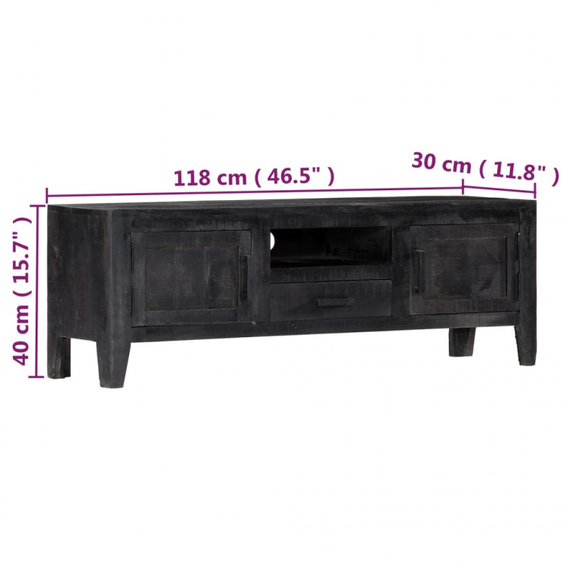 Szafka pod TV, czarna, 118 x 30 x 40 cm, lite drewno mango