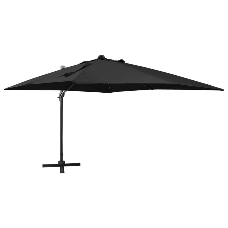 Parasol wiszący z lampkami LED i słupkiem, 300 cm, czarny