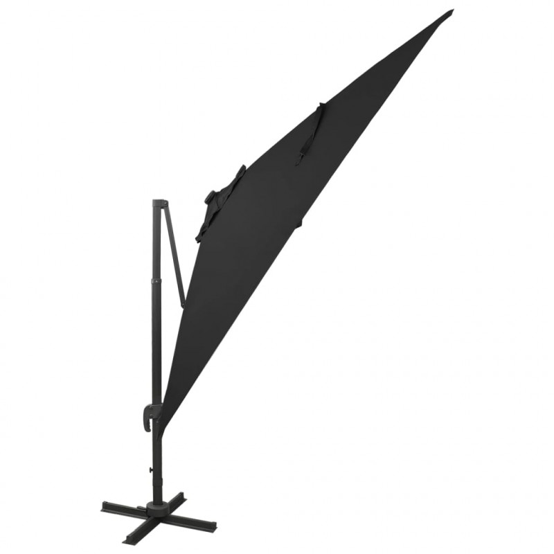 Parasol wiszący z lampkami LED i słupkiem, 300 cm, czarny