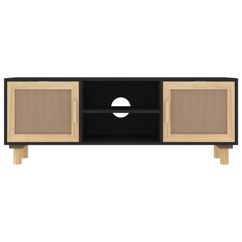 Stolik pod TV, czarny, 105x30x40 cm, drewno sosnowe i rattan