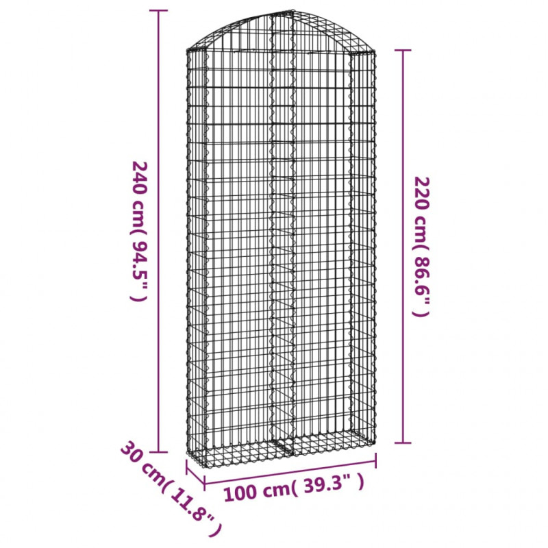 Łukowaty kosz gabionowy 100x30x220/240 cm, galwanizowane żelazo