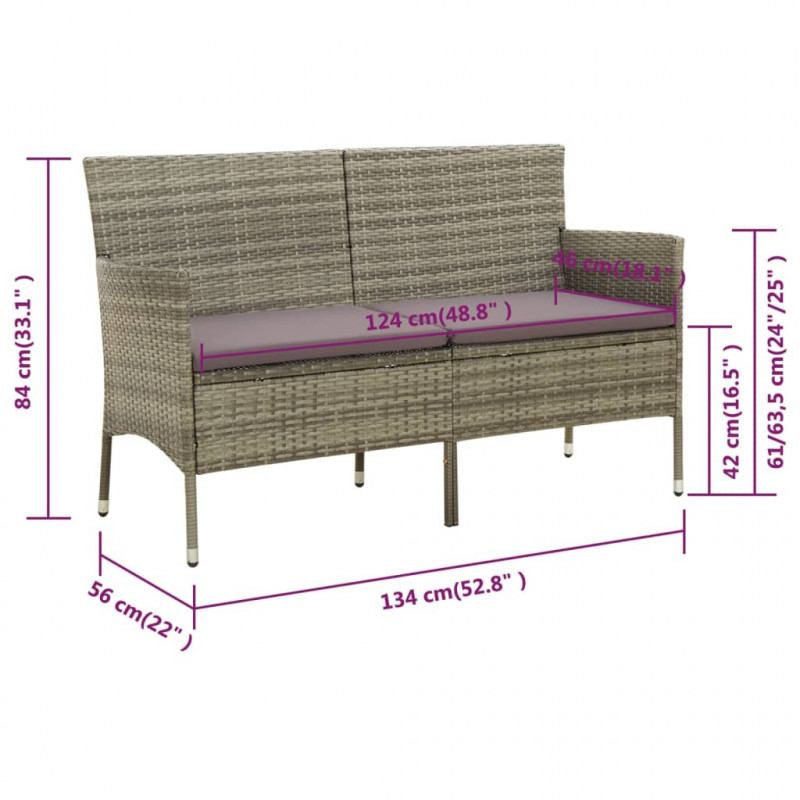 3-osobowa sofa ogrodowa z poduszką, szara, polirattan