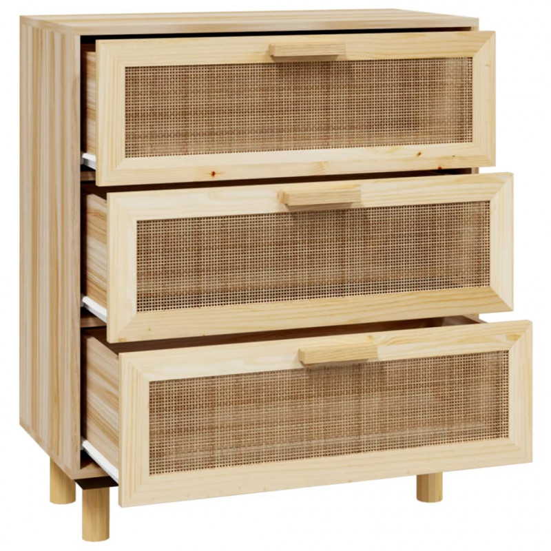 Kredens, brązowa, 60x30x70 cm, lita sosna i naturalny rattan