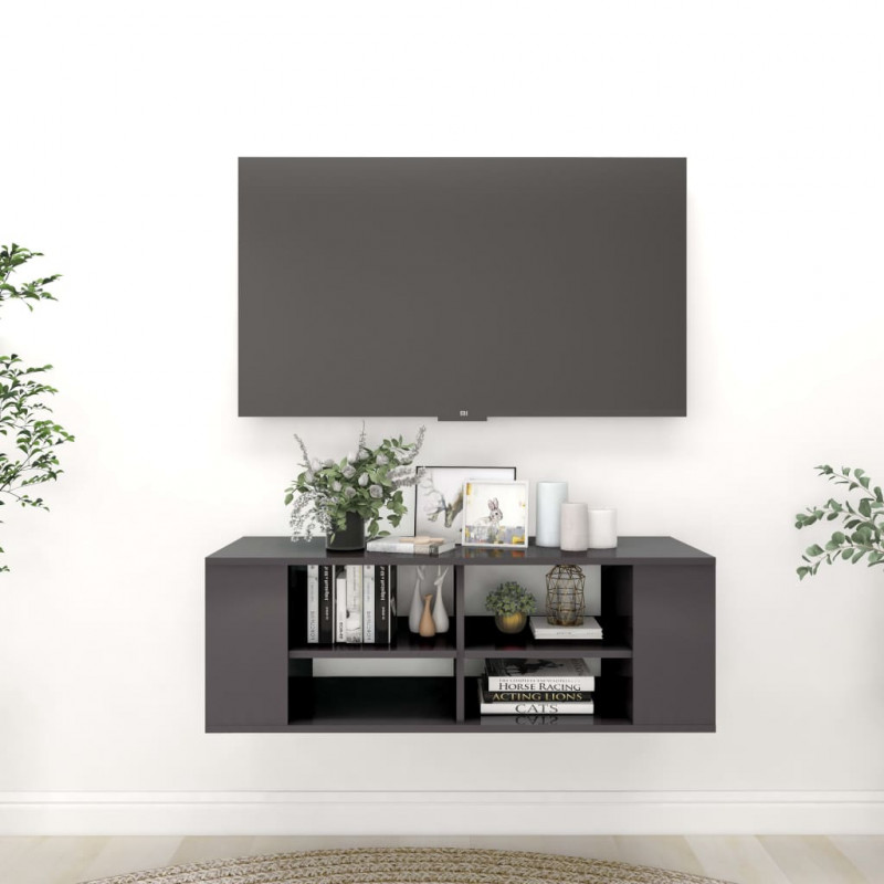 Wisząca szafka pod TV, szara, wysoki połysk, 102x35x35 cm