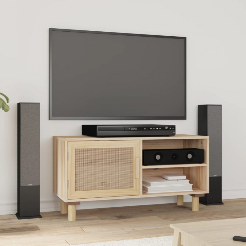 Stolik pod TV, brązowy, 80x30x40 cm, drewno sosnowe i rattan