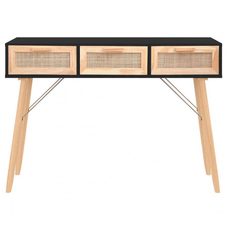 Stolik konsolowy, czarny, 105x30x75 cm, drewno sosnowe i rattan