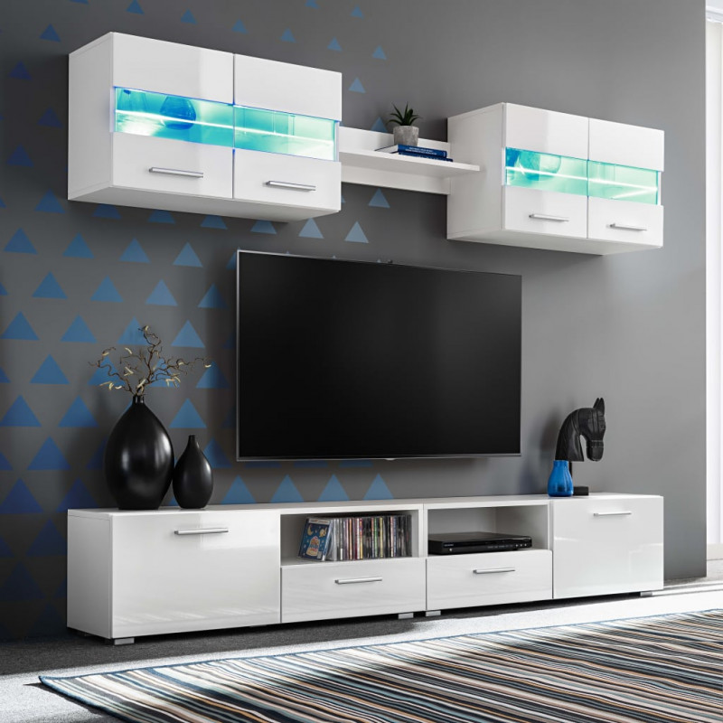 Meblościanka pod TV z oświetleniem LED, 5 el., połysk, biała