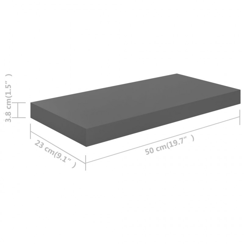 Półka ścienna, wysoki połysk, szara, 50x23x3,8 cm, MDF