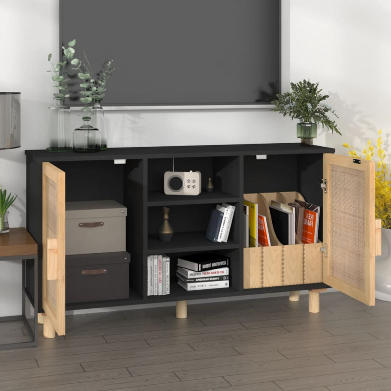 Komoda, czarna, 105x30x60 cm, lita sosna i naturalny rattan