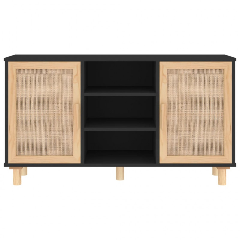 Komoda, czarna, 105x30x60 cm, lita sosna i naturalny rattan