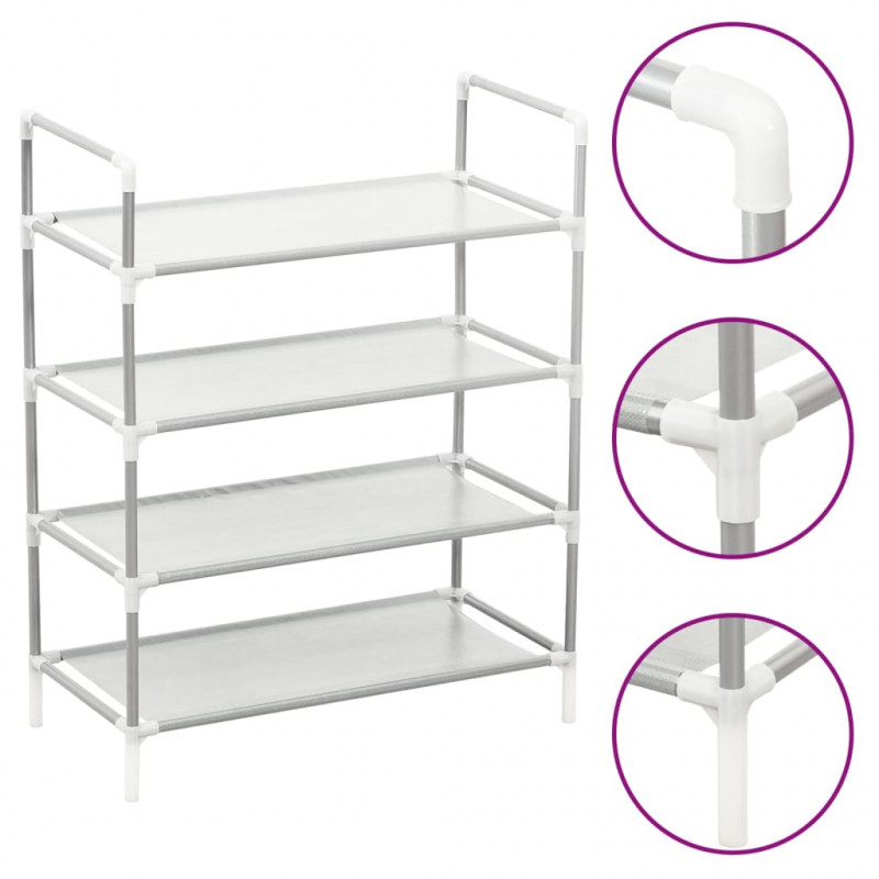 Stojak na buty z 4 półkami, metal i włóknina, srebrny