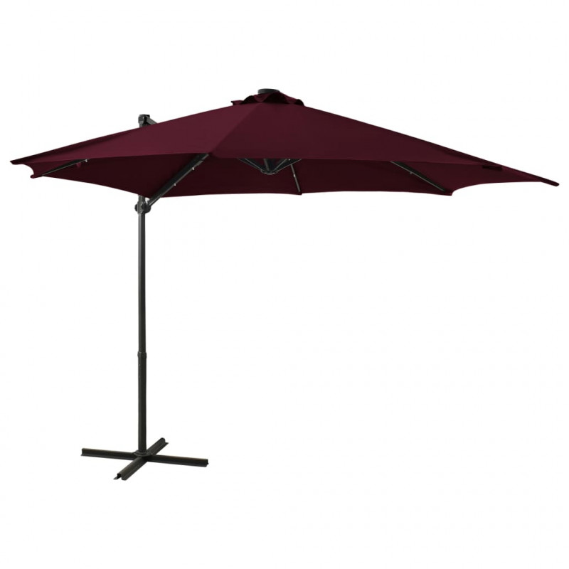 Parasol wiszący z LED i słupkiem, bordowy, 300 cm