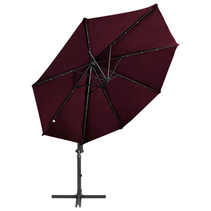 Parasol wiszący z LED i słupkiem, bordowy, 300 cm
