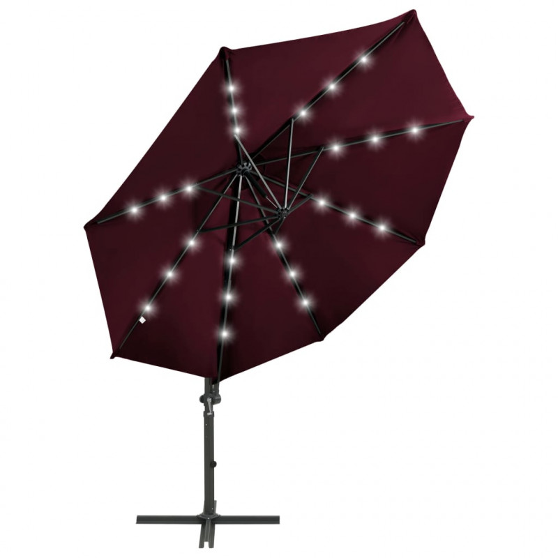 Parasol wiszący z LED i słupkiem, bordowy, 300 cm