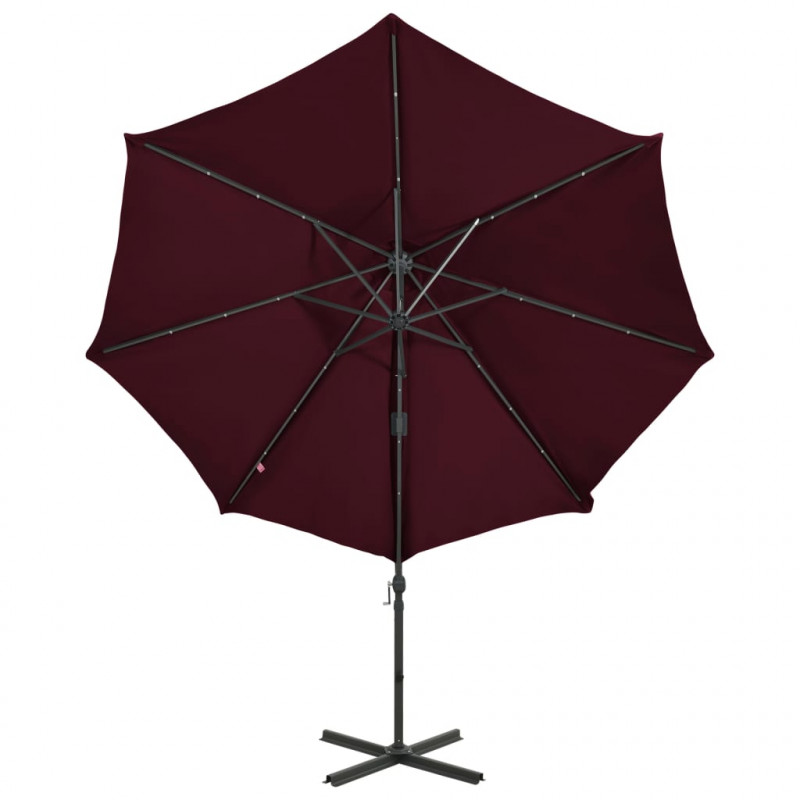 Parasol wiszący z LED i słupkiem, bordowy, 300 cm